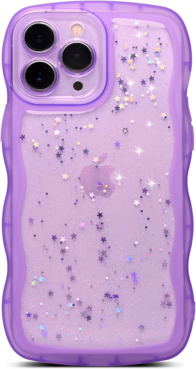 Qokey for iPhone 14 Pro Max Case 6.7, Curly Wave Design Transparent Bling Glitter Shiny Cute Clear Transparent Full Protection Soft TPU Shockproof Phone Cover(Purple)